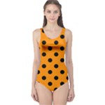 Polka Dots - Black on Dark Orange One Piece Swimsuit