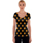 Polka Dots - Dark Orange on Black Women s V-Neck Cap Sleeve Top
