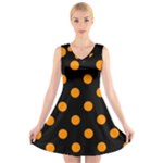 Polka Dots - Dark Orange on Black V-Neck Sleeveless Dress