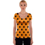 Polka Dots - Black on Orange Women s V-Neck Cap Sleeve Top