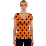 Polka Dots - Black on Safety Orange Women s V-Neck Cap Sleeve Top