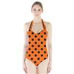 Polka Dots - Black on Safety Orange Women s Halter One Piece Swimsuit