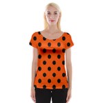 Polka Dots - Black on Tangelo Orange Women s Cap Sleeve Top
