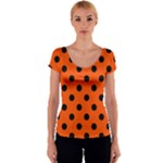 Polka Dots - Black on Tangelo Orange Women s V-Neck Cap Sleeve Top