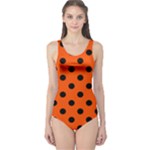 Polka Dots - Black on Tangelo Orange One Piece Swimsuit