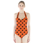 Polka Dots - Black on Tangelo Orange Women s Halter One Piece Swimsuit