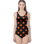 Polka Dots - Tangelo Orange on Black One Piece Swimsuit