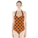 Polka Dots - Black on Burnt Orange Women s Halter One Piece Swimsuit