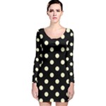 Polka Dots - Cream Yellow on Black Long Sleeve Velvet Bodycon Dress