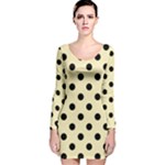 Polka Dots - Black on Blond Yellow Long Sleeve Velvet Bodycon Dress