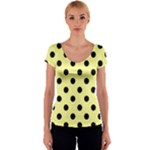 Polka Dots - Black on Pastel Yellow Women s V-Neck Cap Sleeve Top