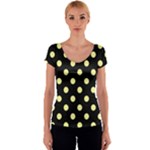 Polka Dots - Pastel Yellow on Black Women s V-Neck Cap Sleeve Top