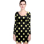 Polka Dots - Pastel Yellow on Black Long Sleeve Bodycon Dress