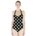 Polka Dots - Pastel Yellow on Black Women s Halter One Piece Swimsuit