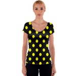 Polka Dots - Yellow on Black Women s V-Neck Cap Sleeve Top