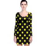 Polka Dots - Yellow on Black Long Sleeve Velvet Bodycon Dress