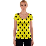 Polka Dots - Black on Canary Yellow Women s V-Neck Cap Sleeve Top