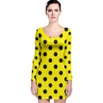 Polka Dots - Black on Canary Yellow Long Sleeve Velvet Bodycon Dress