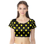 Polka Dots - Canary Yellow on Black Short Sleeve Crop Top (Tight Fit)