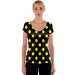 Polka Dots - Canary Yellow on Black Women s V-Neck Cap Sleeve Top