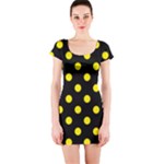 Polka Dots - Canary Yellow on Black Short Sleeve Bodycon Dress