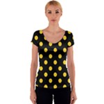Polka Dots - Banana Yellow on Black Women s V-Neck Cap Sleeve Top