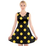 Polka Dots - Banana Yellow on Black V-Neck Sleeveless Dress