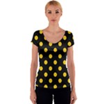 Polka Dots - Deep Lemon Yellow on Black Women s V-Neck Cap Sleeve Top