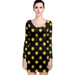 Polka Dots - Deep Lemon Yellow on Black Long Sleeve Bodycon Dress