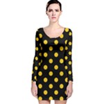 Polka Dots - Deep Lemon Yellow on Black Long Sleeve Velvet Bodycon Dress