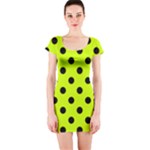 Polka Dots - Black on Fluorescent Yellow Short Sleeve Bodycon Dress