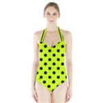 Polka Dots - Black on Fluorescent Yellow Women s Halter One Piece Swimsuit