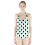 Polka Dots - Black on Pale Green Women s Halter One Piece Swimsuit