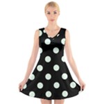Polka Dots - Pale Green on Black V-Neck Sleeveless Dress