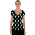 Polka Dots - Mint Green on Black Women s V-Neck Cap Sleeve Top