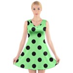 Polka Dots - Black on Light Green V-Neck Sleeveless Dress