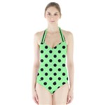 Polka Dots - Black on Light Green Women s Halter One Piece Swimsuit