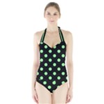 Polka Dots - Light Green on Black Women s Halter One Piece Swimsuit