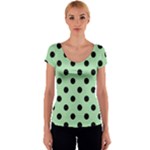 Polka Dots - Black on Celadon Green Women s V-Neck Cap Sleeve Top
