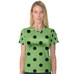 Polka Dots - Black on Dollar Bill Green Women s V-Neck Sport Mesh Tee