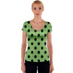 Polka Dots - Black on Dollar Bill Green Women s V-Neck Cap Sleeve Top