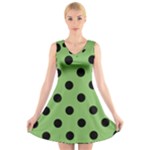 Polka Dots - Black on Dollar Bill Green V-Neck Sleeveless Dress