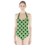 Polka Dots - Black on Dollar Bill Green Women s Halter One Piece Swimsuit