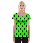 Polka Dots - Black on Neon Green Women s Cap Sleeve Top
