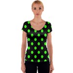 Polka Dots - Neon Green on Black Women s V-Neck Cap Sleeve Top