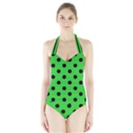 Polka Dots - Black on Lime Green Women s Halter One Piece Swimsuit