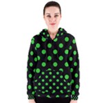 Polka Dots - Lime Green on Black Women s Zipper Hoodie