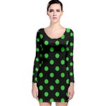 Polka Dots - Lime Green on Black Long Sleeve Velvet Bodycon Dress