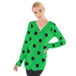 Polka Dots - Black on Dark Pastel Green Women s Tie Up Tee