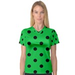Polka Dots - Black on Dark Pastel Green Women s V-Neck Sport Mesh Tee